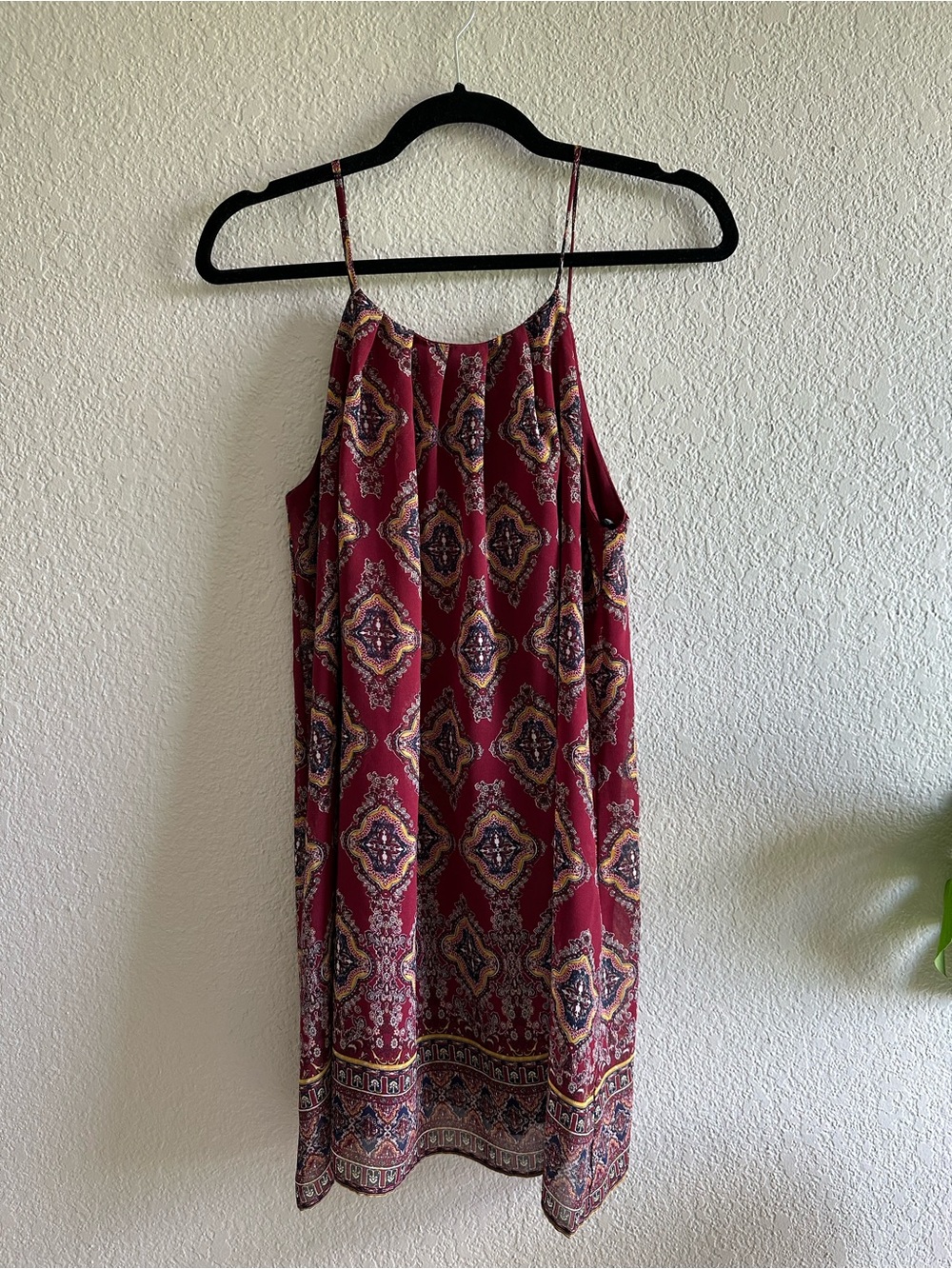 Boho Mini Dress Burgundy Spaghetti Strap